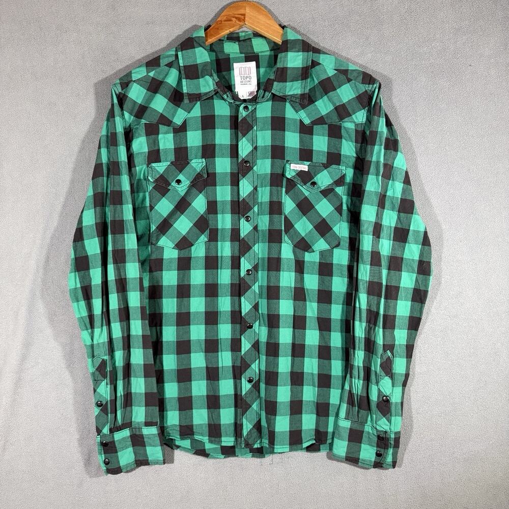 Topo Designs Shirt Mens L Teal Blue Plaid Flannel Button Long Sleeve Pockets